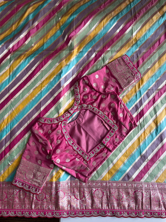 Banarasi pattu saree with lehariya stiched blouse