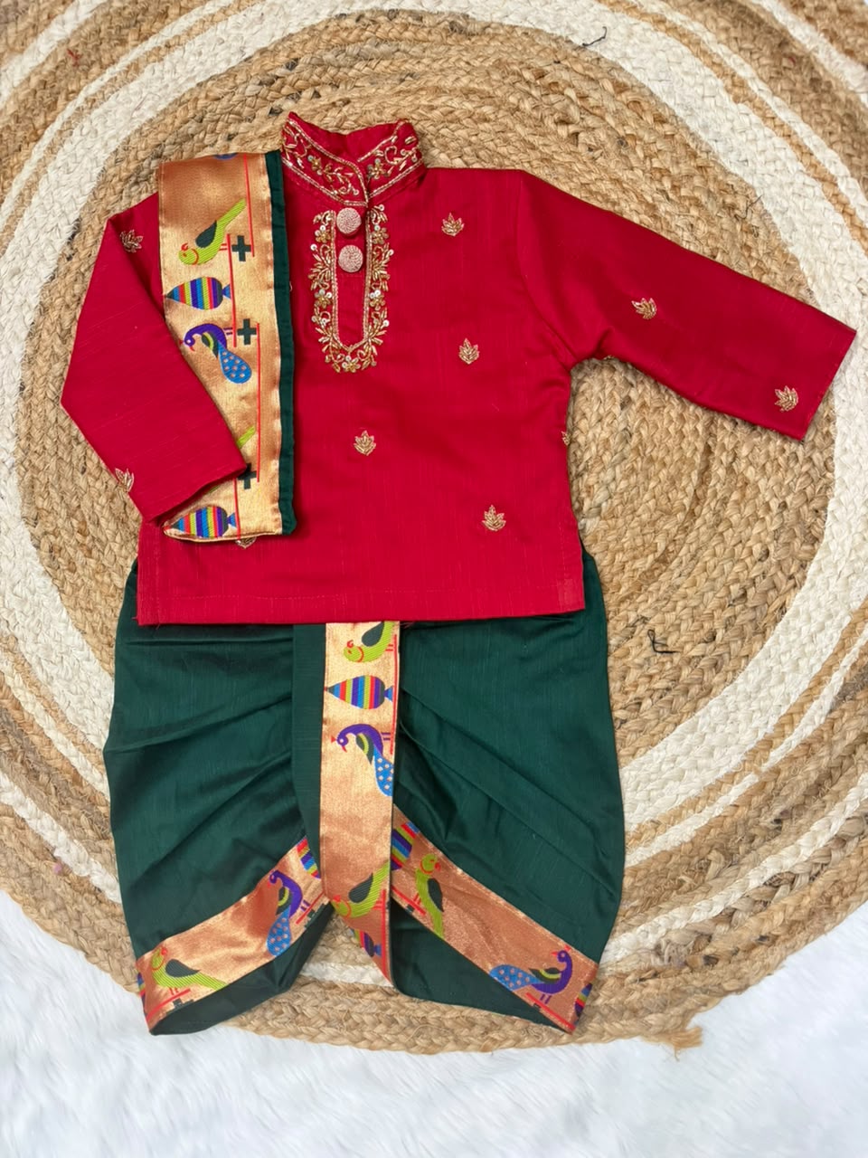 Boys Raw Silk Kurta with Dhoti Set | Paithani Border | Maggam Work
