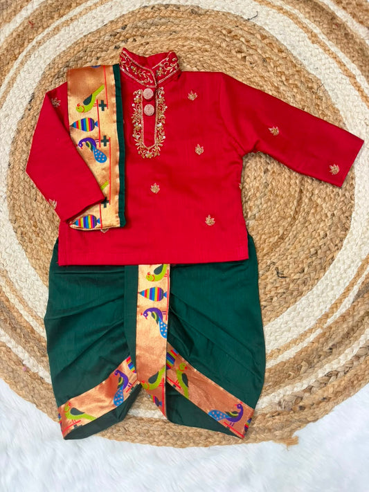 Boys Raw Silk Kurta with Dhoti Set | Paithani Border | Maggam Work