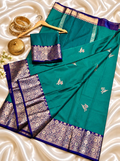Banarasi Soft Katan Silk Saree – Contrast Pattu Border & Zari Butti