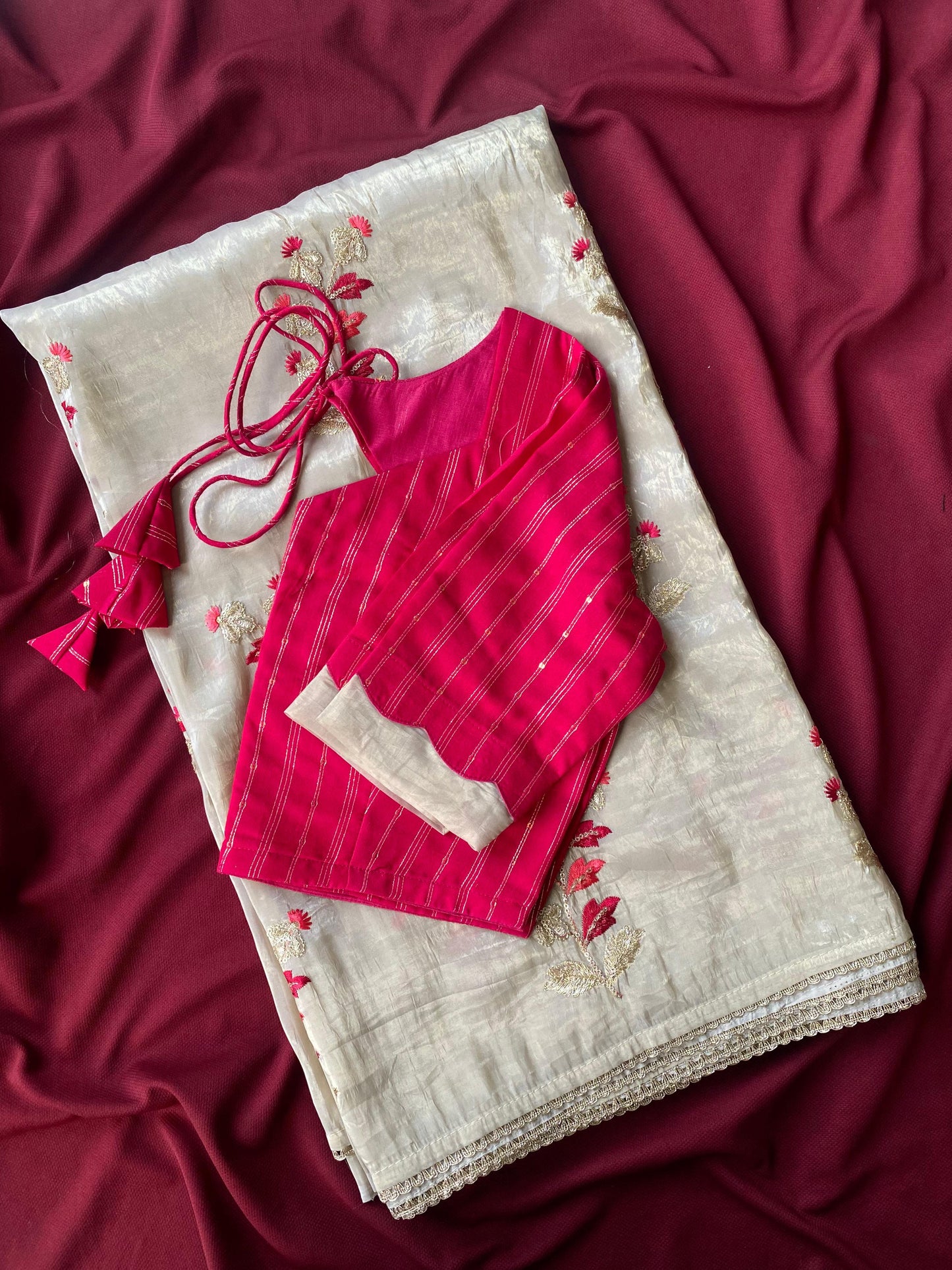 Soft glass tissue saree with stitched blouse