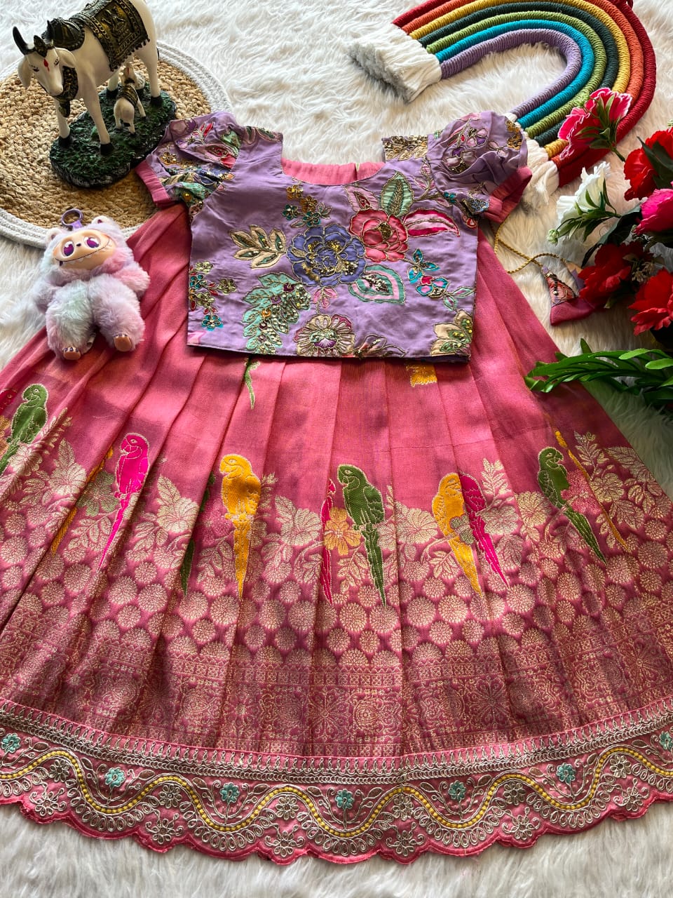 Kids lehenga made from viscose tissue silk is