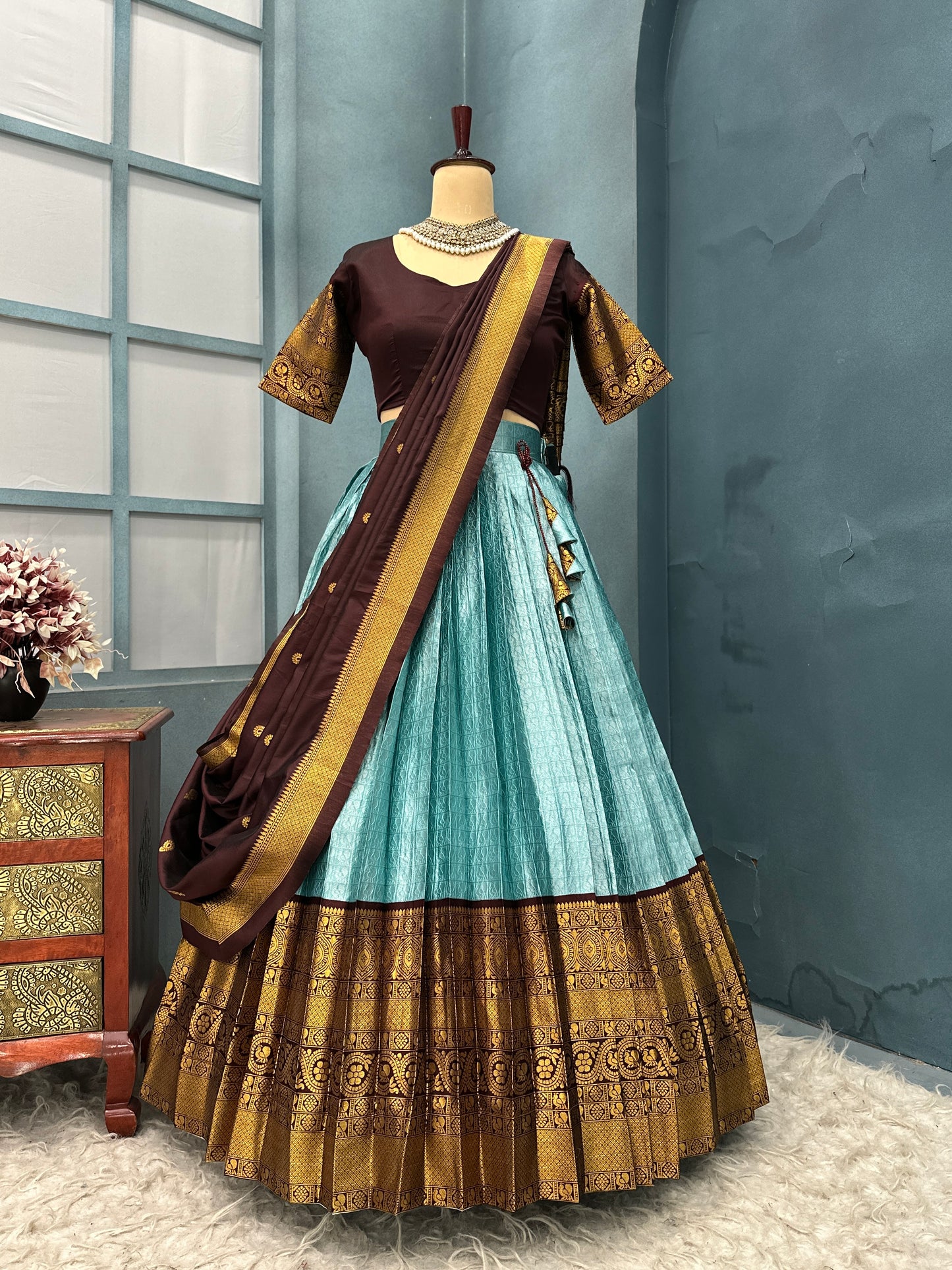 Kanchi checks semi pattu Designer Lehenga