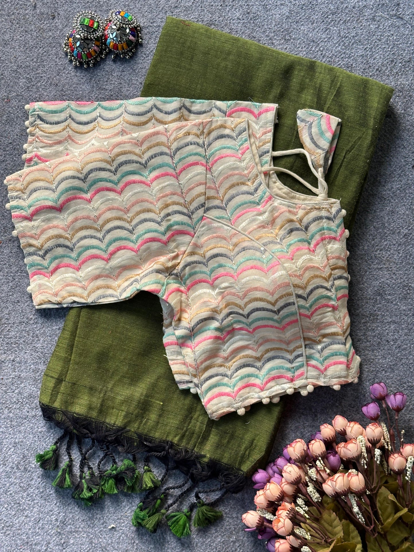 Heavy Khadi cotton saree Desginer stitched Blouse