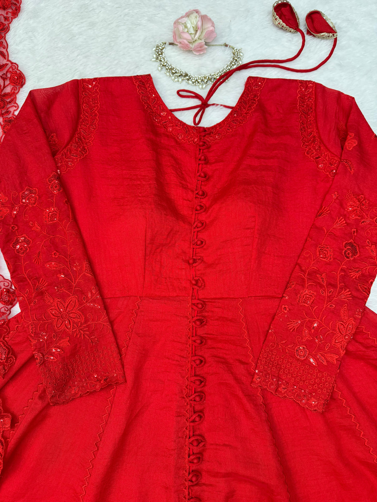 Effortless charm red velvet 3 pieces set Anarakali set