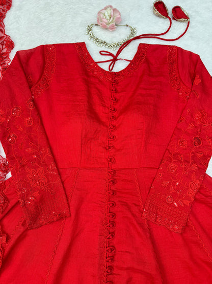 Effortless charm red velvet 3 pieces set Anarakali set
