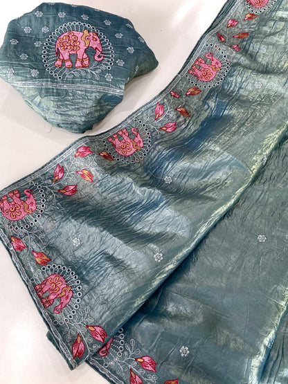 Crush silk embroidery trendy look saree