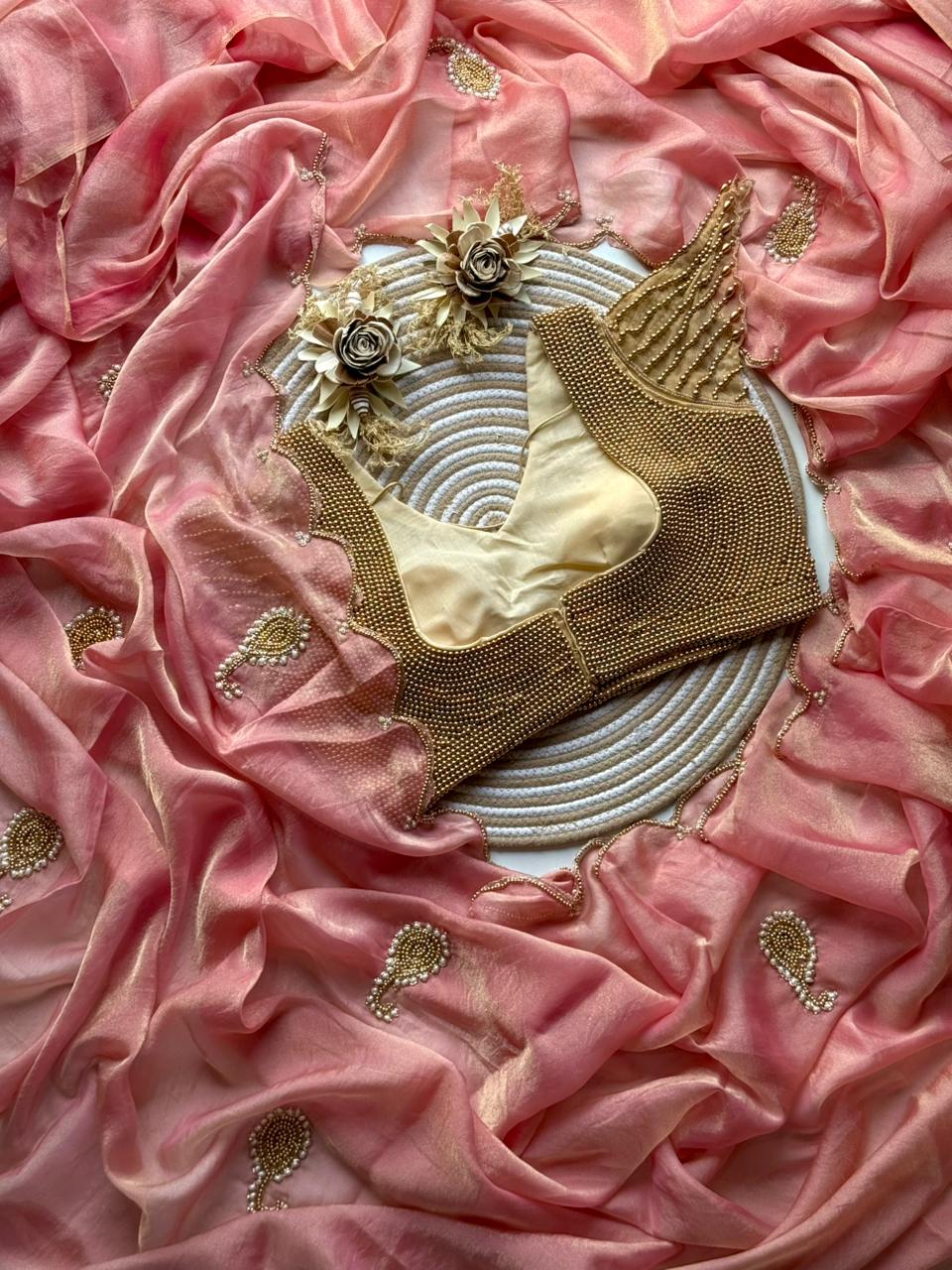 Space Georgette saeee with gold pearl work blouse
