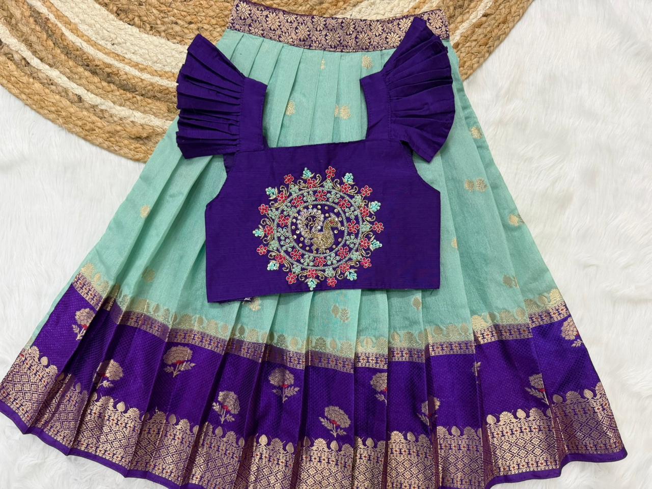 Brother & Sister Maggam Cute Traditional Combo – Banaras Silk Crop Top & Boy Kurta Dhoti Set