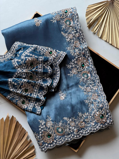 Cocktail  Ocean blue luxe Saree with stitched blouse