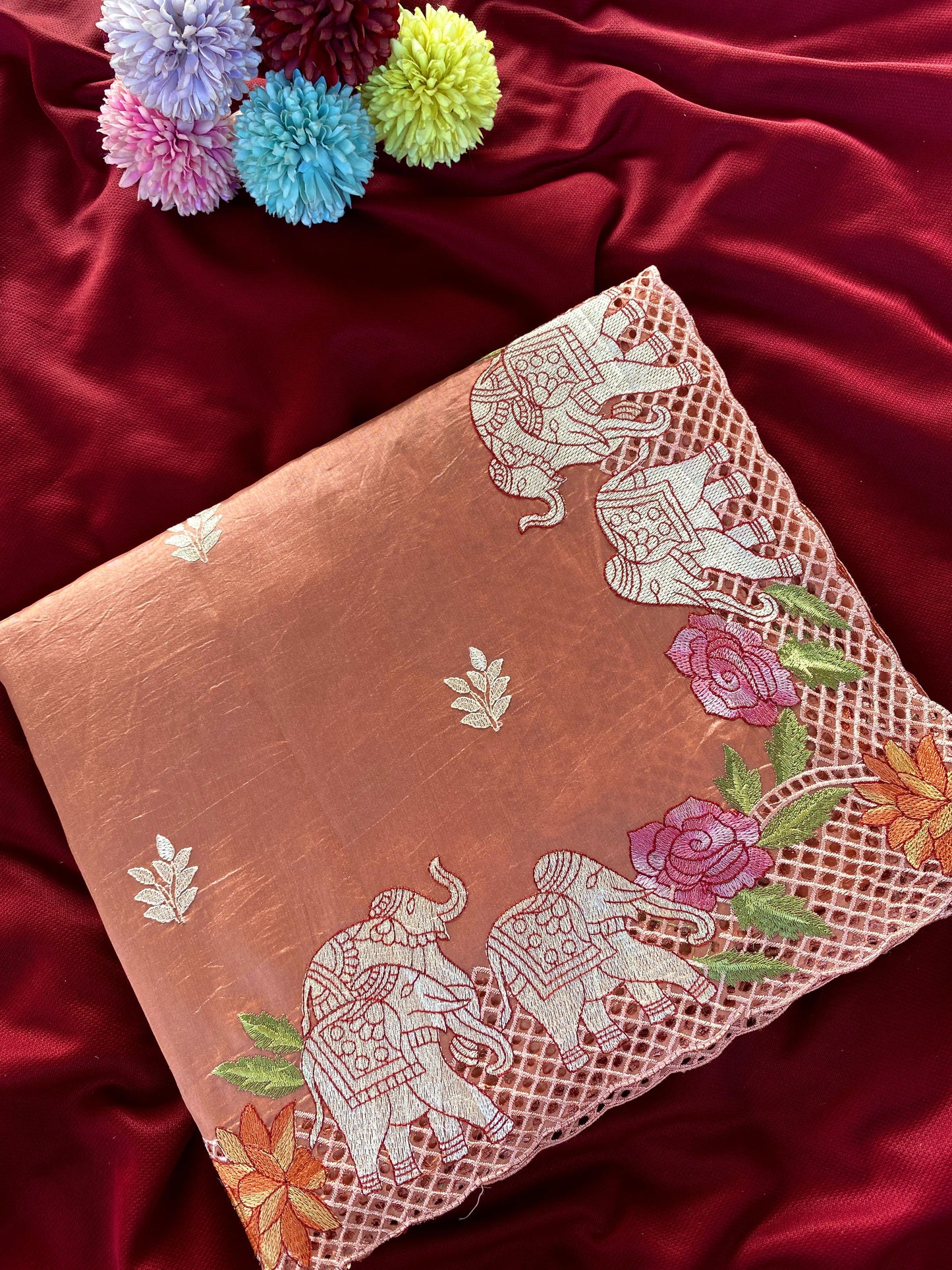 Tussar embroidered hole work premium traditional saree