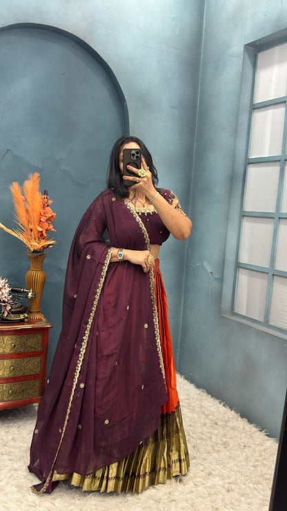 Kanchipuram Orange Trendy Aesthetic Designer Lehenga