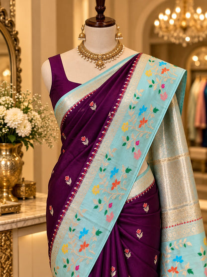Budget Banarasi Katan Silk Saree with Contrast Alfi Border