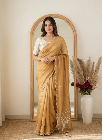 Gold peacock saree with stitched blouse