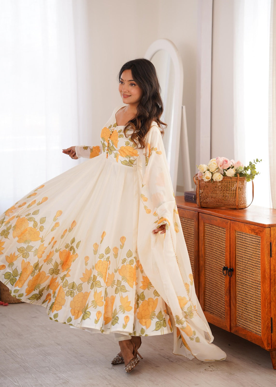 Classic Yellow Floral Printed Organza Anarkali sets