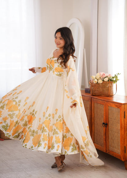Classic Yellow Floral Printed Organza Anarkali sets