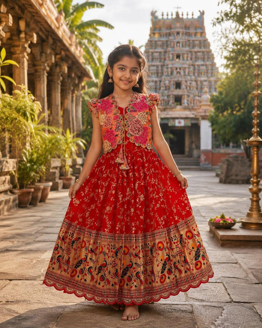 Kids frock pure Dola silk 2 in one gown