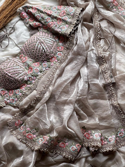 Ivory 1 min saree with fully stitched blouse