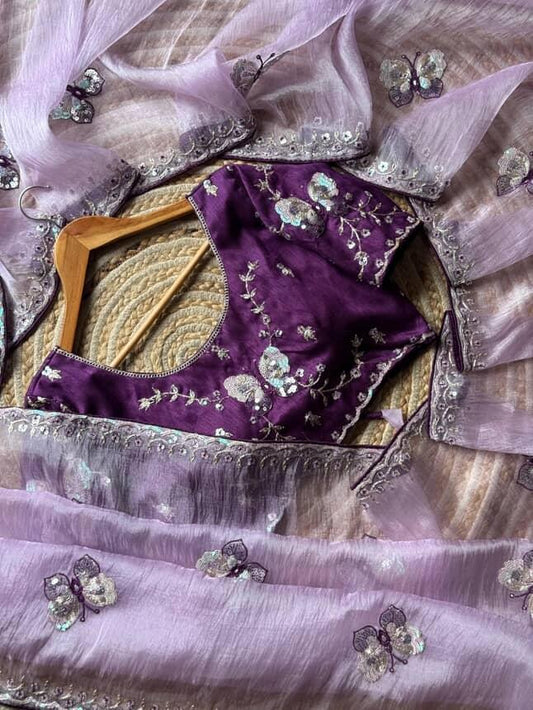 Coding work Luxe with butterfly organza saree with stitched blouse
