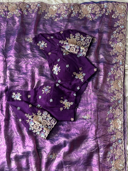 Pure space silk saree with pure  Luxe coding work saree stitched blouse