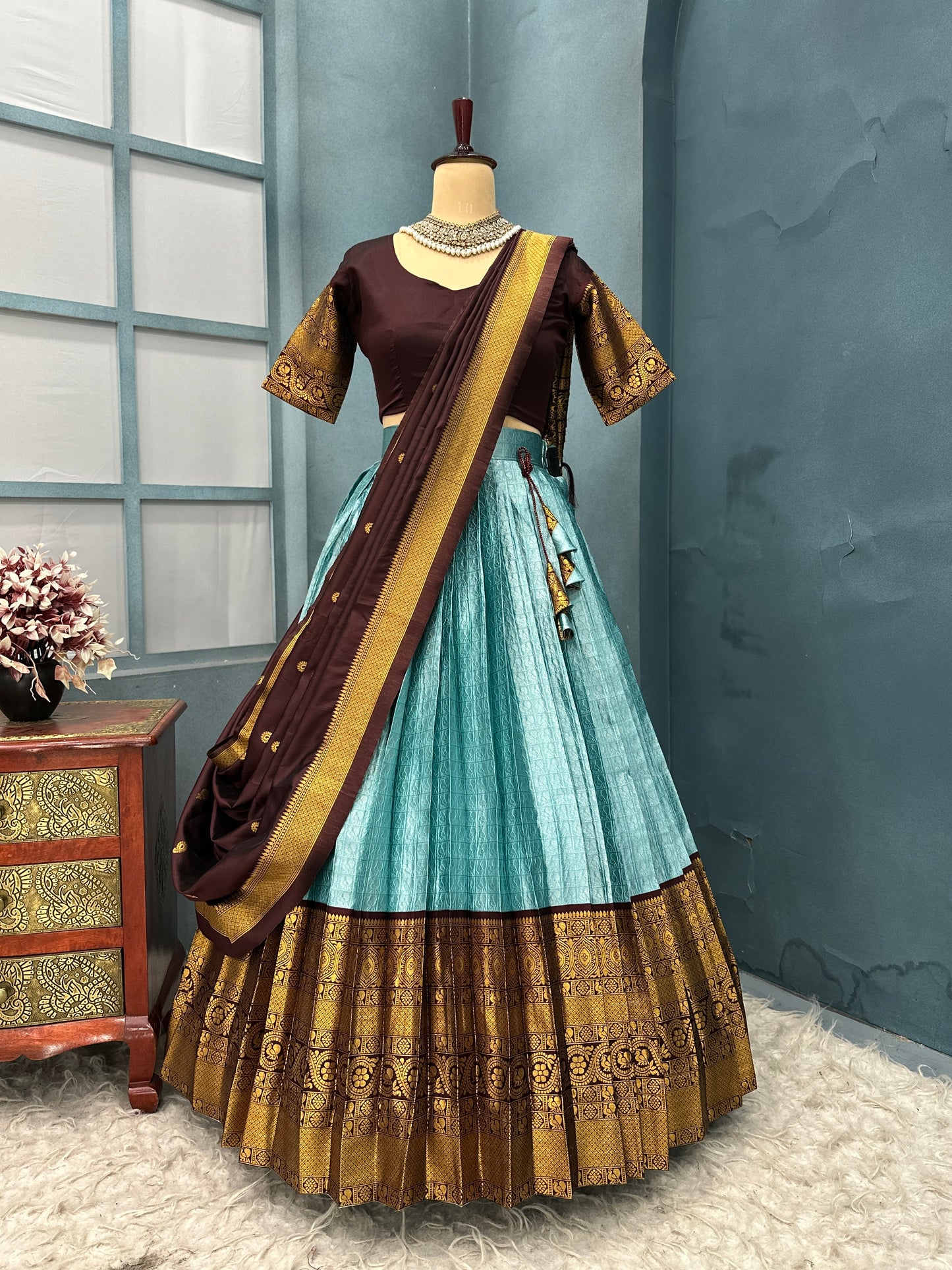 Kanchi checks semi pattu Designer Lehenga