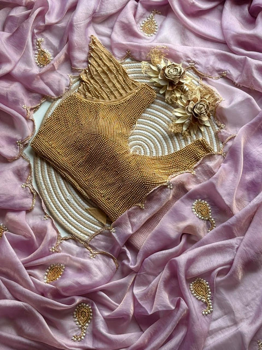 Space Georgette saeee with gold pearl work blouse