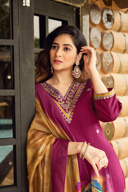 Roman silk party wear Embroidery Maroon kurti set