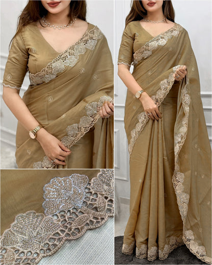 Korean tusser trendy zari embroidery saree