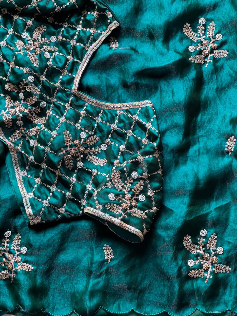 Soft silk with beads flower work saree with stitched blouse
