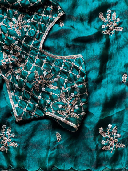 Soft silk with beads flower work saree with stitched blouse