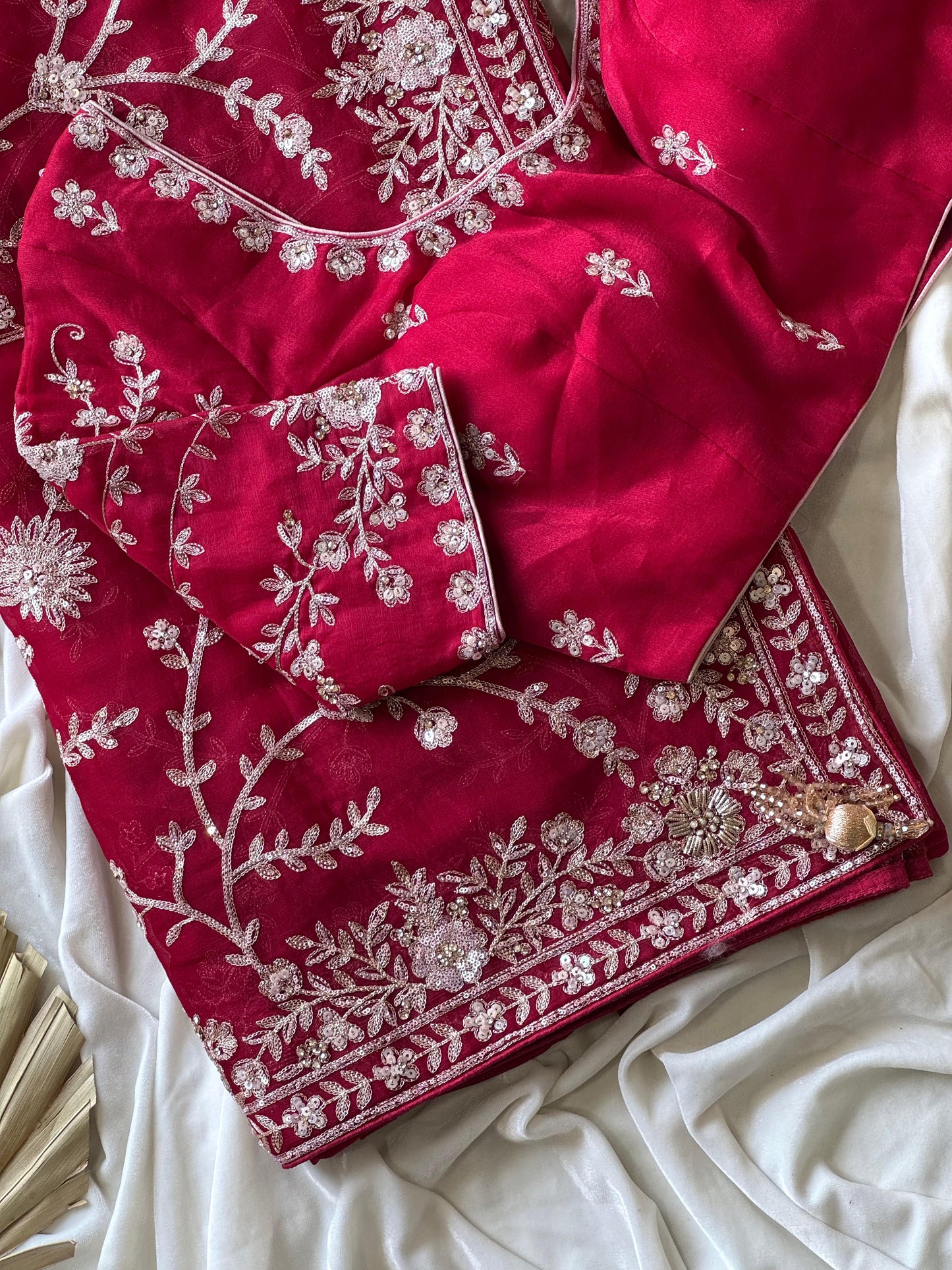 Cherry Aari Work And Handwork saree with stitched Luxe blouse