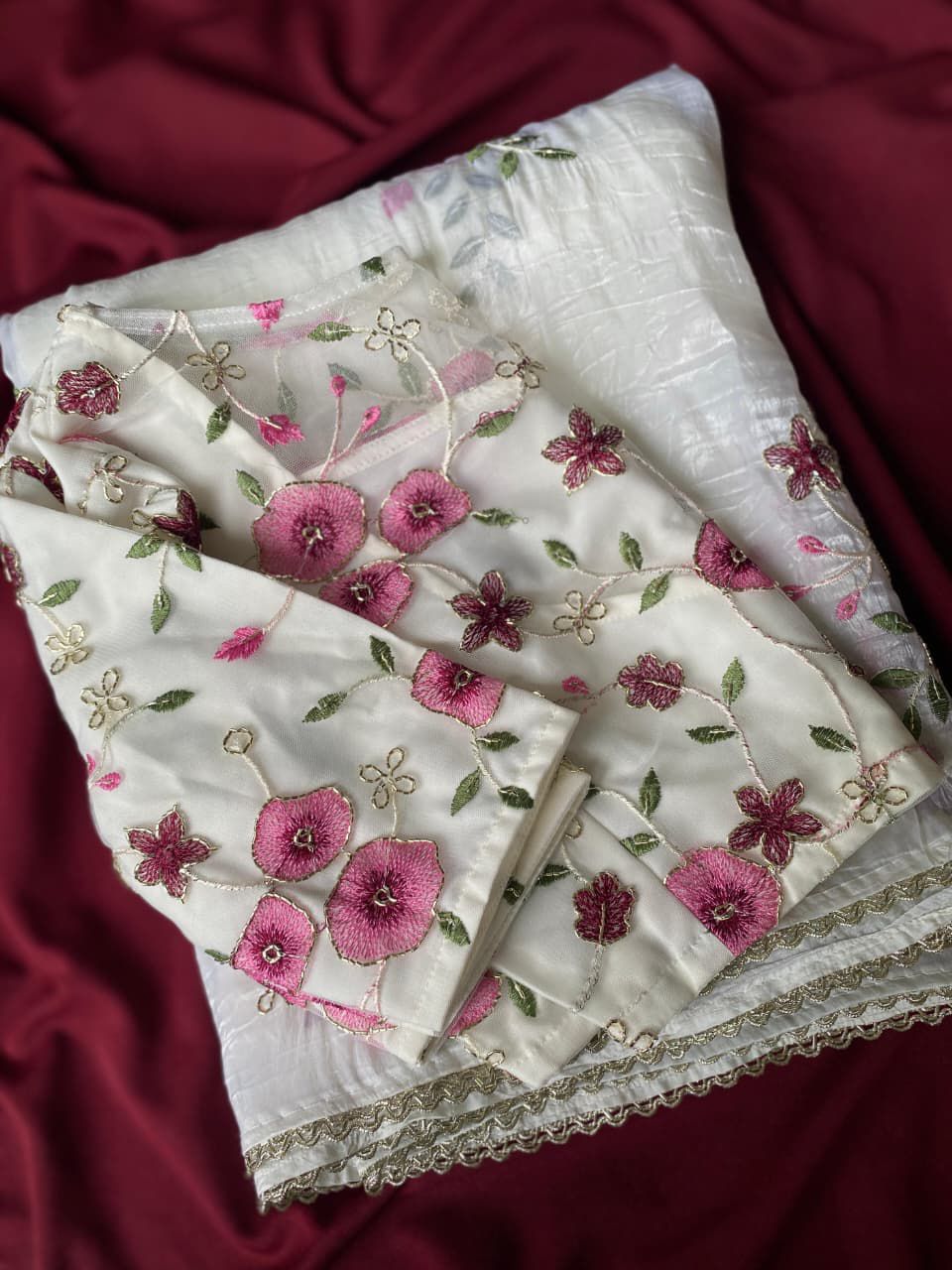 Crushed saree embroidery handwork with stitched blouse