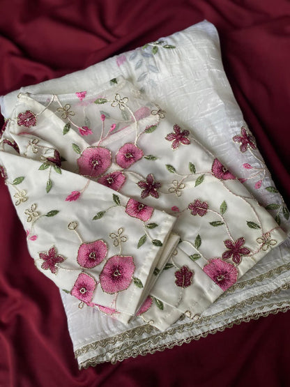 Crushed saree embroidery handwork with stitched blouse