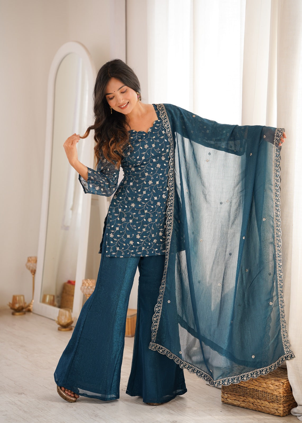 Crunchy Silk Fabric With Embroidery Sequence kurti sets model