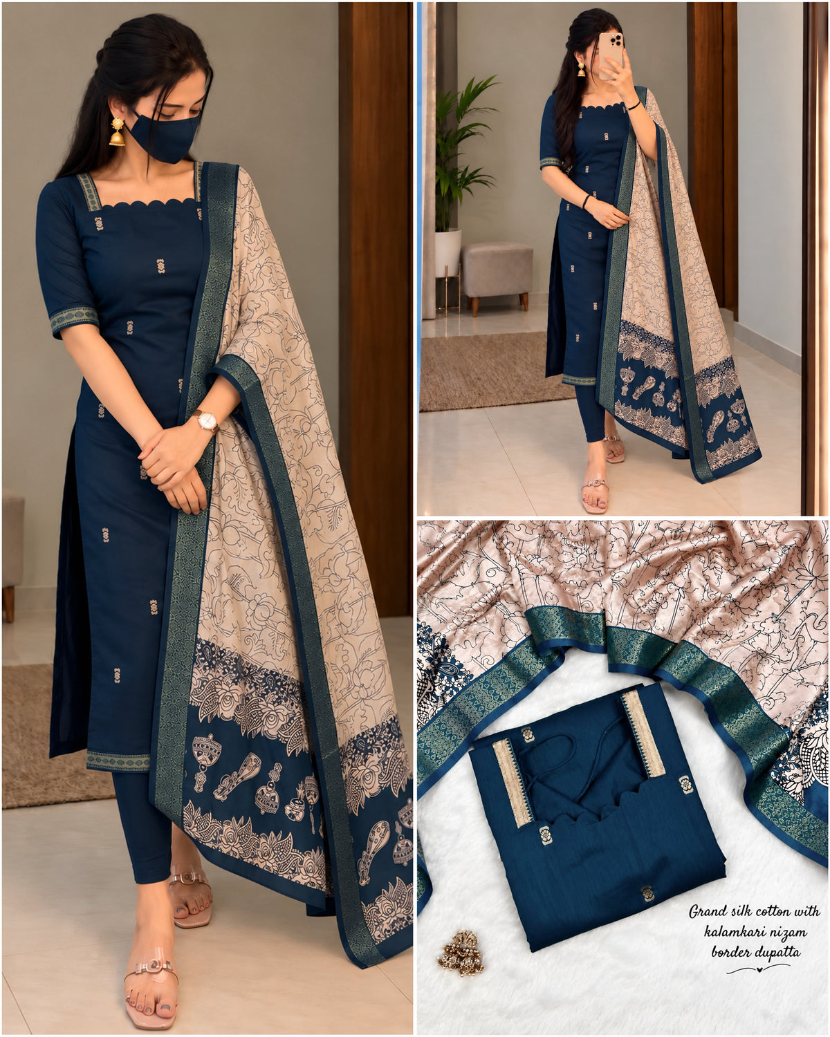 Mangalagiri Butta Silk cotton Top with Chennuri Silk Kalamkari Dupatta kurti sets