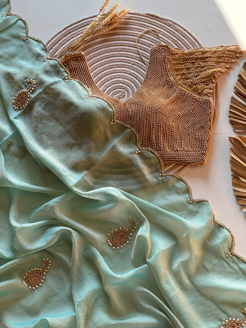 Space Georgette saeee with gold pearl work blouse