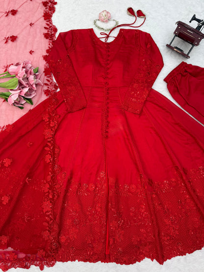 Effortless charm red velvet 3 pieces set Anarakali set