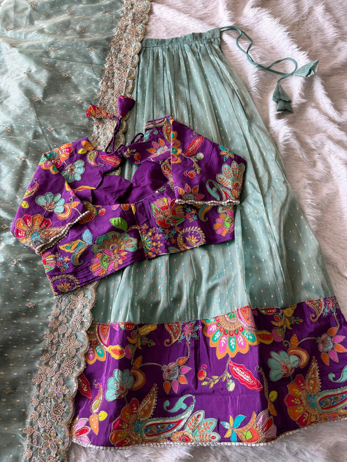 Position embroidery salsa handwork  designer lehenga