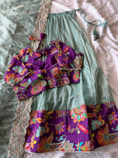 Position embroidery salsa handwork  designer lehenga