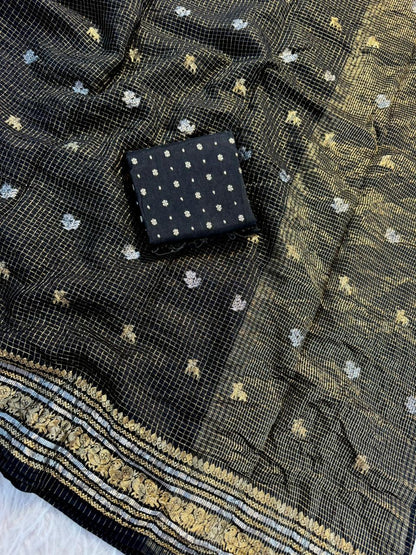 Viscose Chinon chit pallu silver and gold trendy look saree