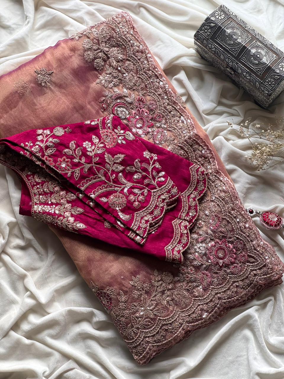 Blush Pink Premium Tissue Luxe Sequence saree with stitched blouse