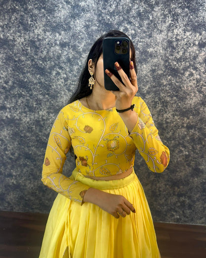 Kalamkari crop-top Kota doriya printed Lehenga sets