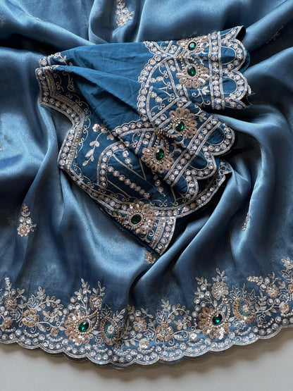 Cocktail  Ocean blue luxe Saree with stitched blouse