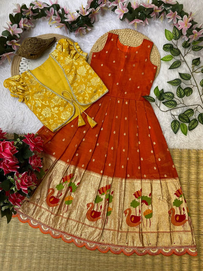 Kids gown with coat pure tissue silk fabric