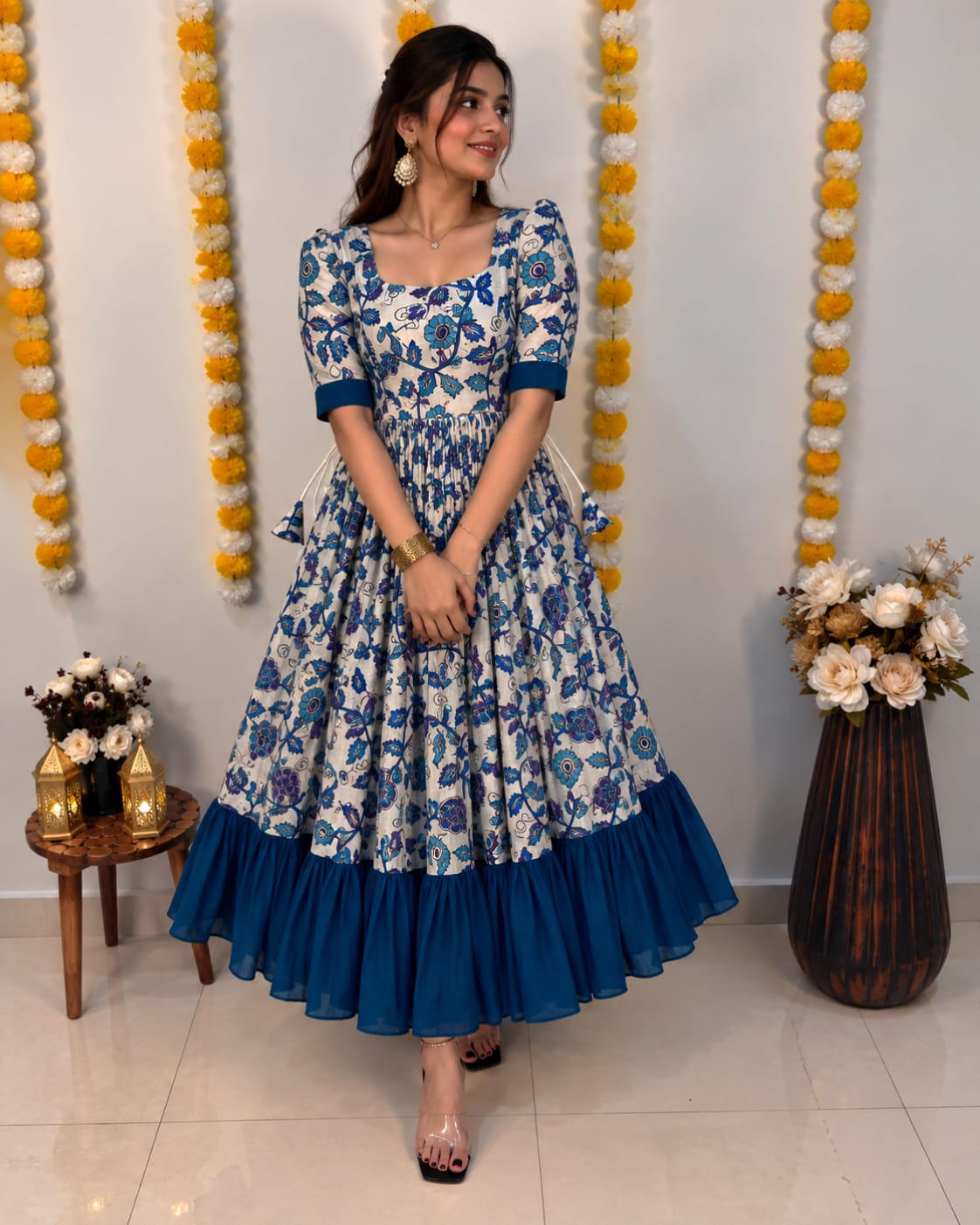 Traditional Kalamkari Gowns with a Stylish Contrast Color Fusion