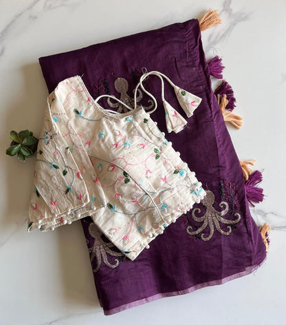 Octopus embroidery saree with stitched blouse