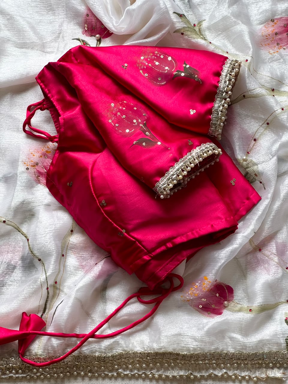Crystal chiffon saree with stitched blouse
