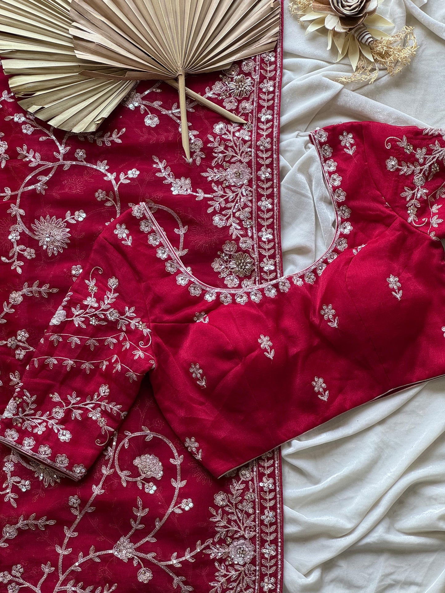 Cherry Aari Work And Handwork saree with stitched Luxe blouse