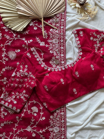 Cherry Aari Work And Handwork saree with stitched Luxe blouse
