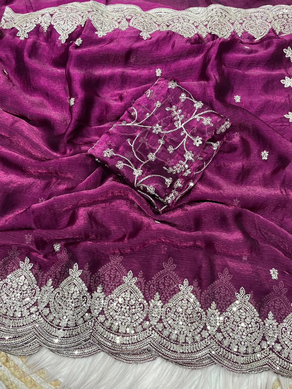 Fendi chiffon  budget saree with sequence work